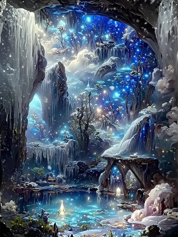A vibrant, icy landscape painting featuring cliffs, waterfalls, and a serene pond under a blue sky.