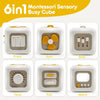 A set of six Montessori sensory cube toys showing different functions like Press, Spin, Slide, Twist, Pull, and Watch.