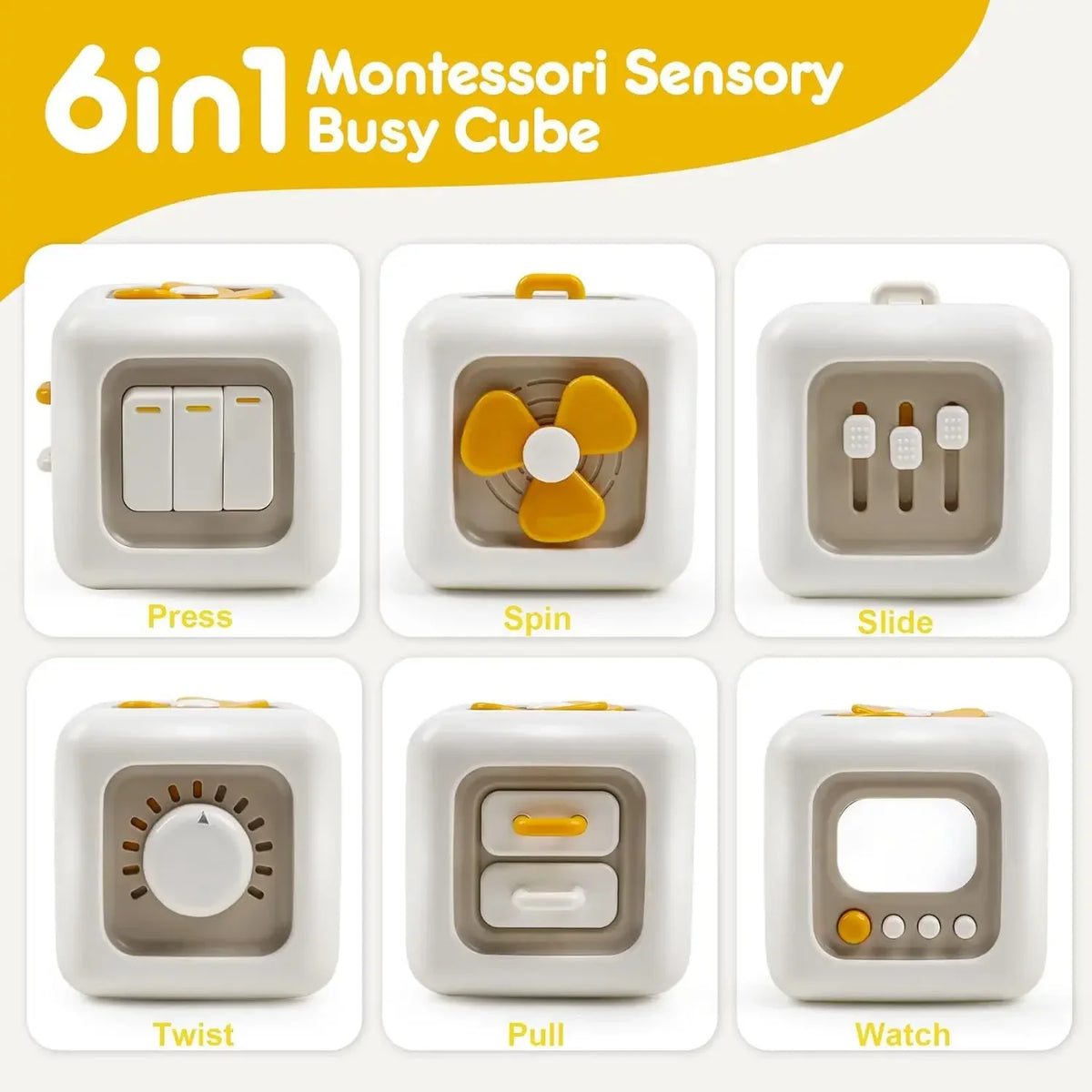 A set of six Montessori sensory cube toys showing different functions like Press, Spin, Slide, Twist, Pull, and Watch.