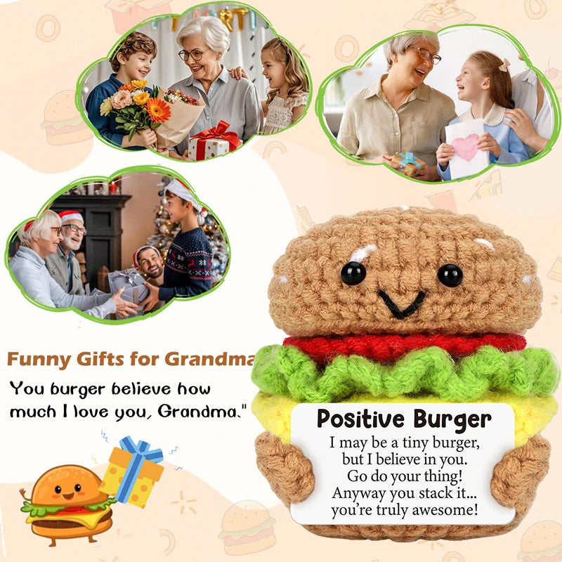 Handmade Crochet Hamburger and Donut Desk Decor with Positive Message Card