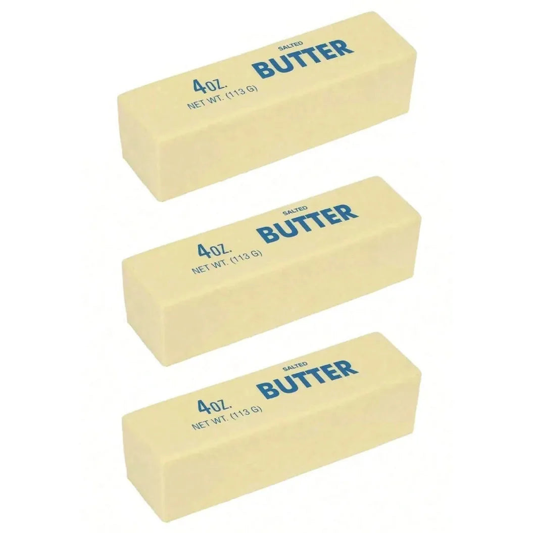 Three rectangular butter sticks labeled 4oz butter with net weight 113g for a squishy toy.