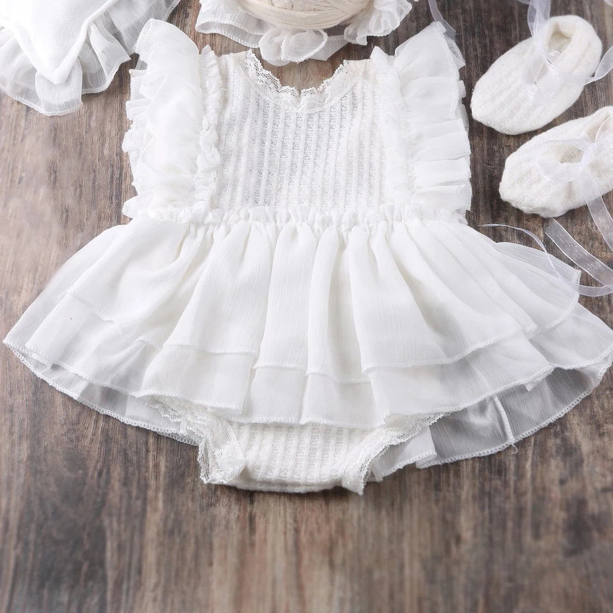 Newborn Chiffon Photography Outfit Set with Hat, Pillow & Mini Shoes