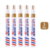 A set of five permanent paint markers with white bodies and colored tips, packaged for rubber, fabric, and metal painting.