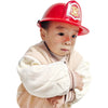 A young child wearing a red firefighter helmet and a beige jacket.