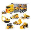 A yellow diecast construction vehicle playset featuring a dump truck and various excavators and loaders.