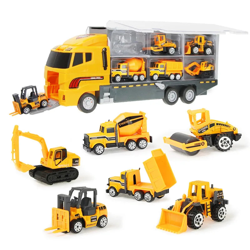 A yellow diecast construction vehicle playset featuring a dump truck and various excavators and loaders.