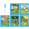 A set of five pages from a magic water coloring book featuring woodland animals and nature scenes for toddlers.