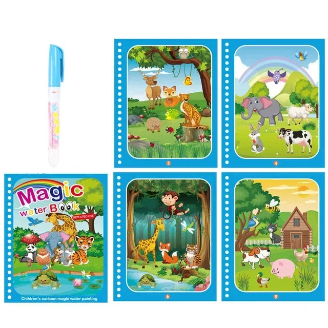 A set of five pages from a magic water coloring book featuring woodland animals and nature scenes for toddlers.