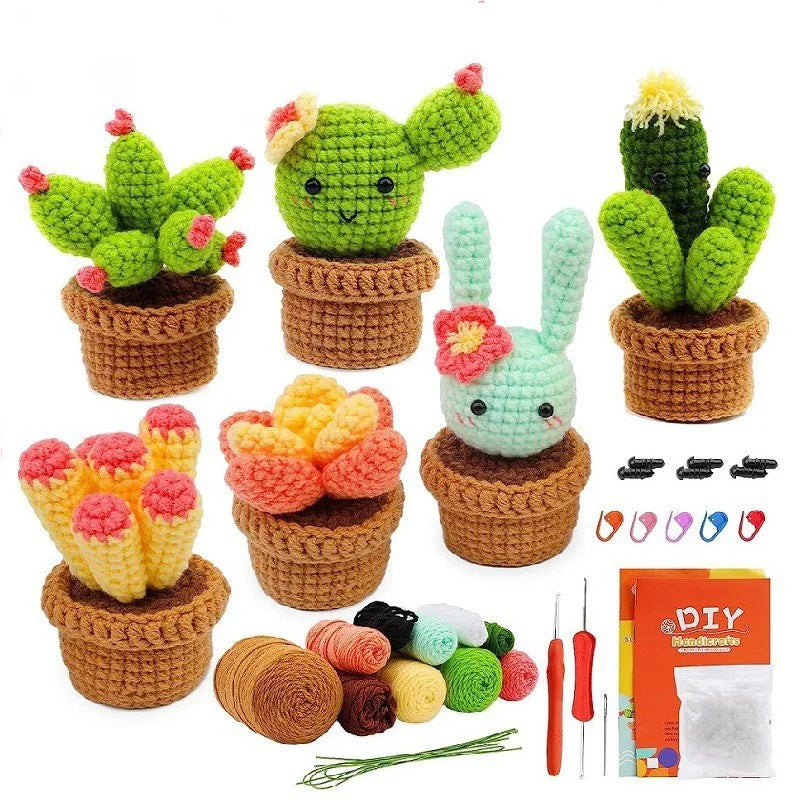 A kit for crocheting animals featuring various yarn colors and tools like needles and crochet hooks.