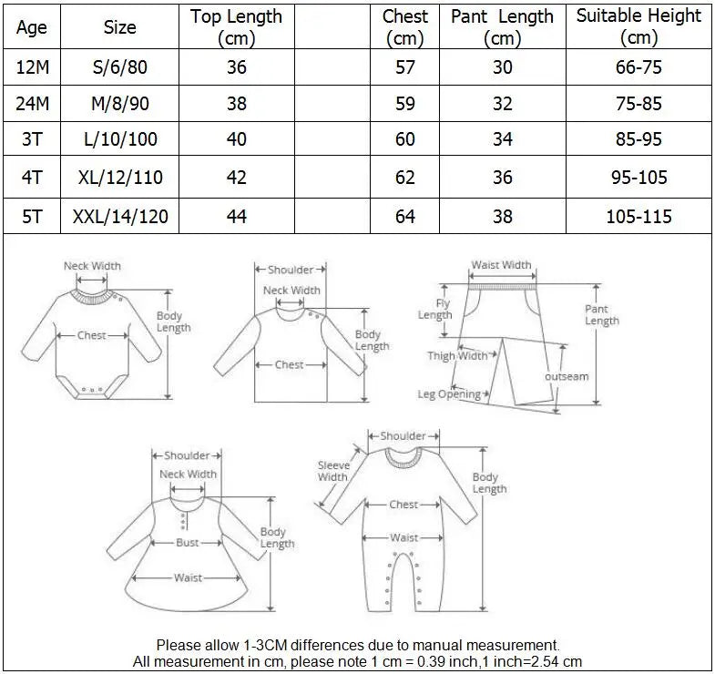 Measurement chart for kids' striped summer outfit set including sizes, lengths, and suitable heights.