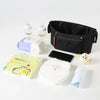 A black organizer bag for strollers featuring a clear bottle holder, a smartphone pocket, and a white cloth item.