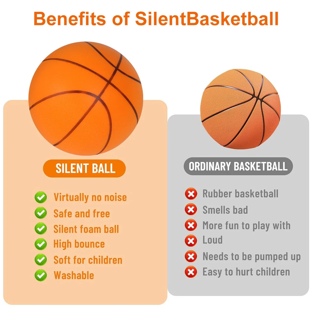 Comparison chart showing benefits of a Silent Basketball versus an Ordinary Basketball.