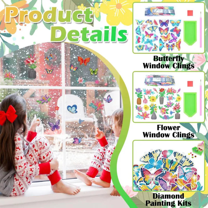 A collection of butterfly, flower, and diamond painting kits displayed in a bright, colorful arrangement.