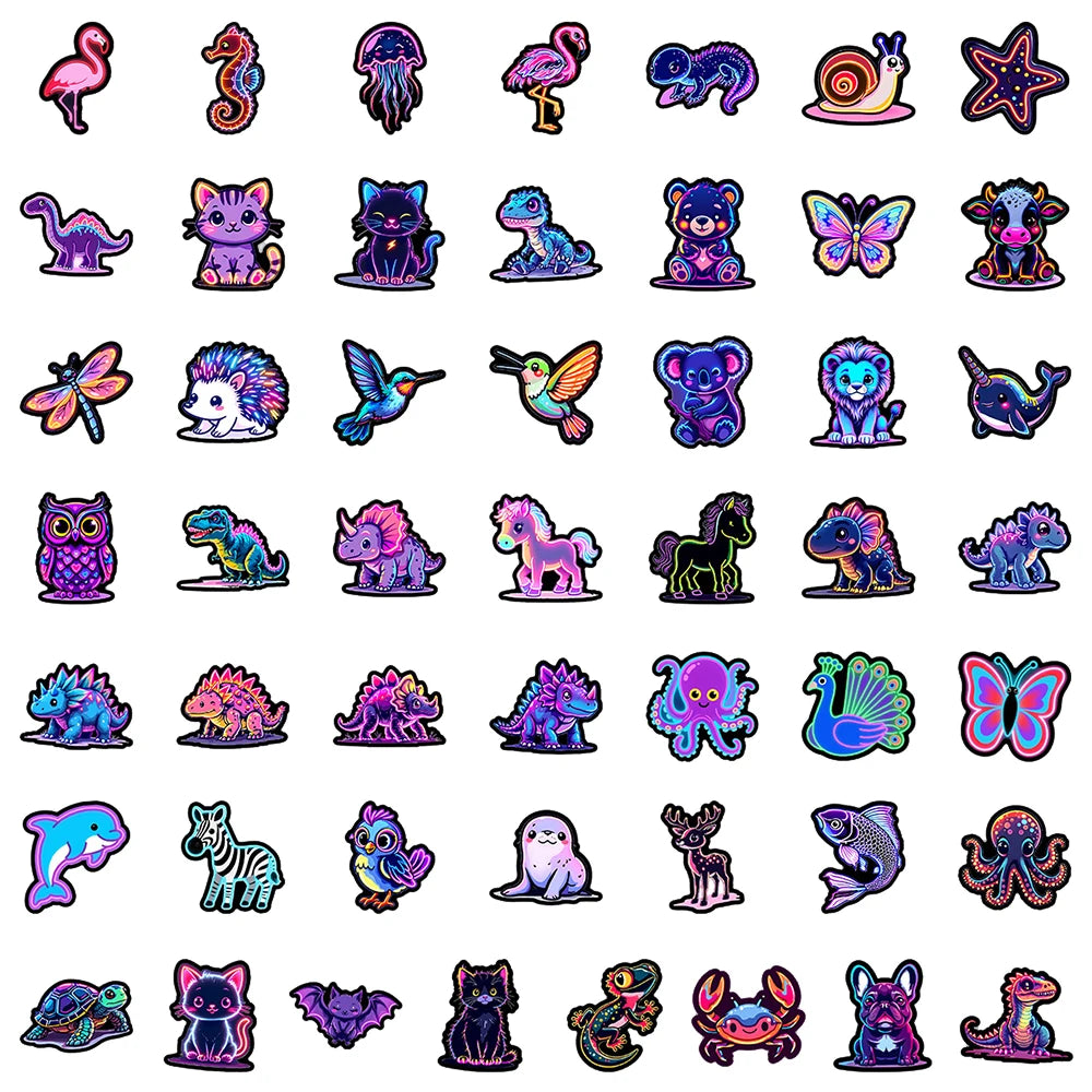 A collection of vibrant animal stickers featuring various creatures like cats, birds, and mythical beasts.