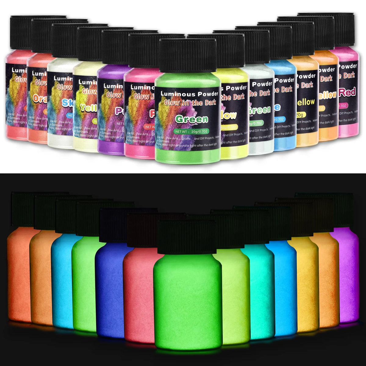 A collection of Luminous Glow-in-the-Dark Pigment Powder in various colors and packaging.