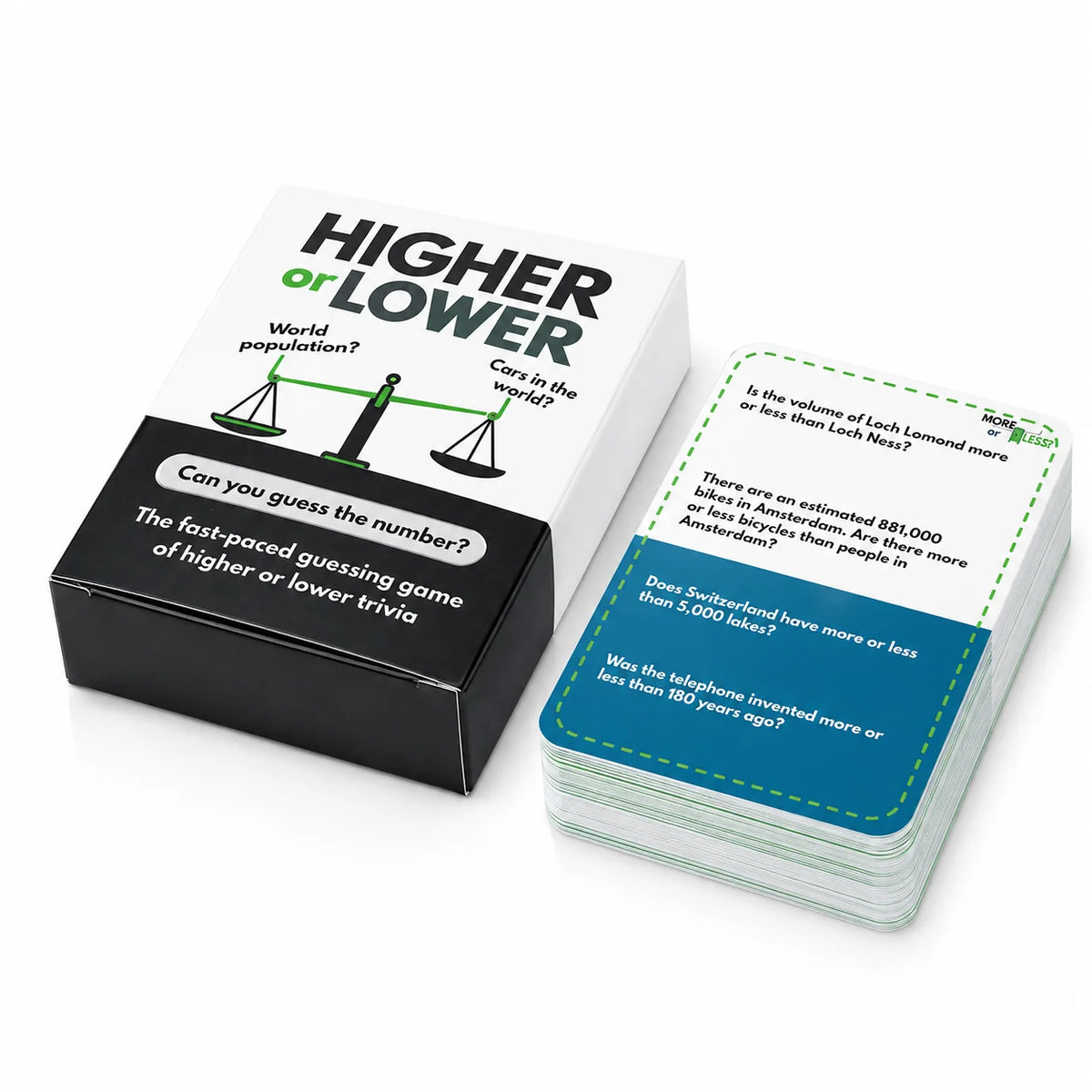 A box of trivia cards titled Higher or Lower featuring a scale graphic and a stack of green cards.