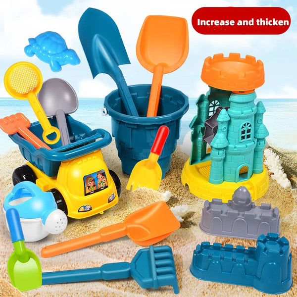 A kids beach and sand digging set featuring various plastic tools like shovels, scoops, and molds in blue, orange, yellow, an