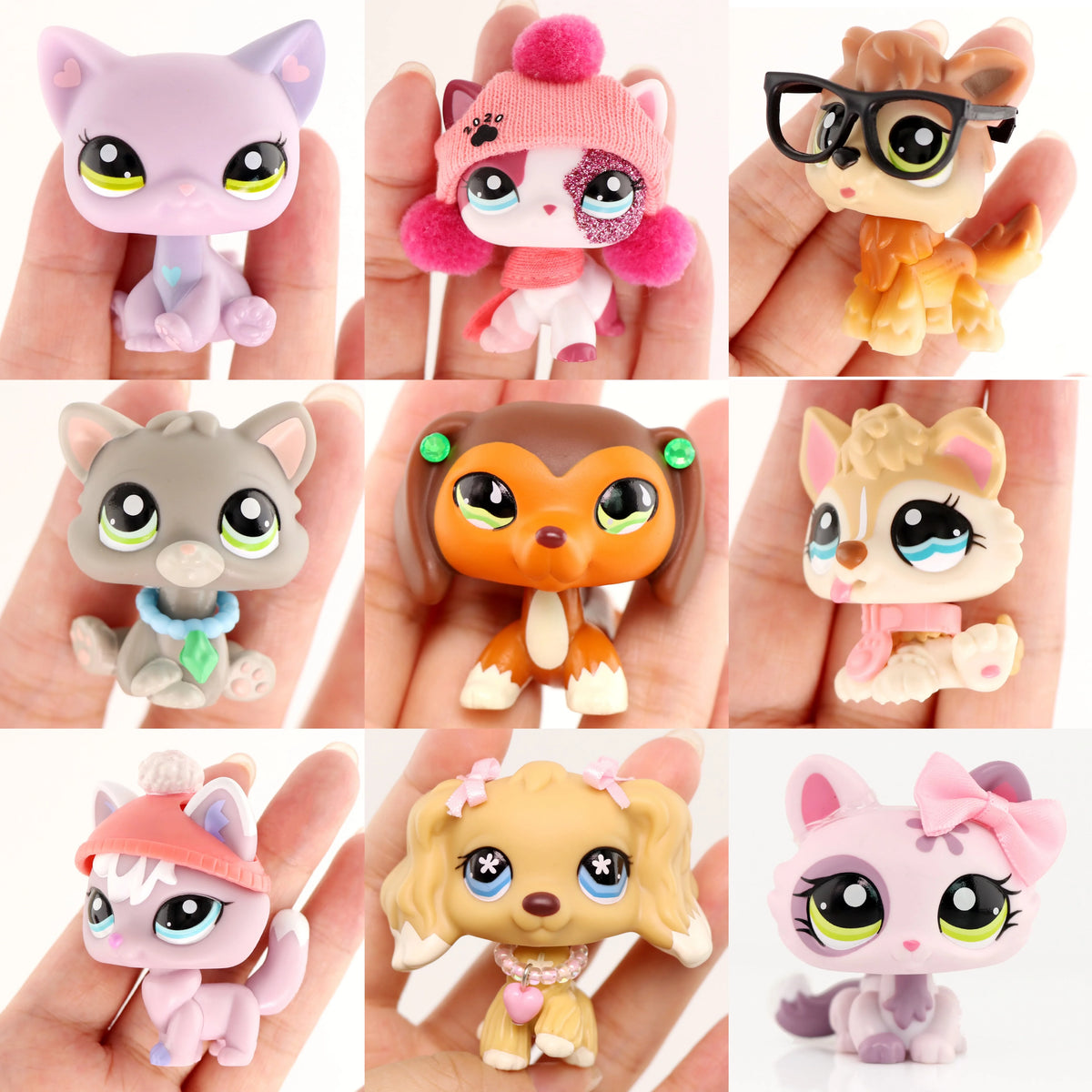 A collection of miniature pet animal figures in various colors and styles with accessories