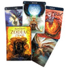 A collection of tarot-style oracle cards featuring celestial imagery and zodiac signs like Air, Moon, and Aries.