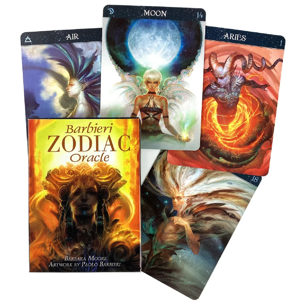 A collection of tarot-style oracle cards featuring celestial imagery and zodiac signs like Air, Moon, and Aries.
