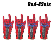 Four sets of red superhero spider launcher gloves with suction cup projectiles.