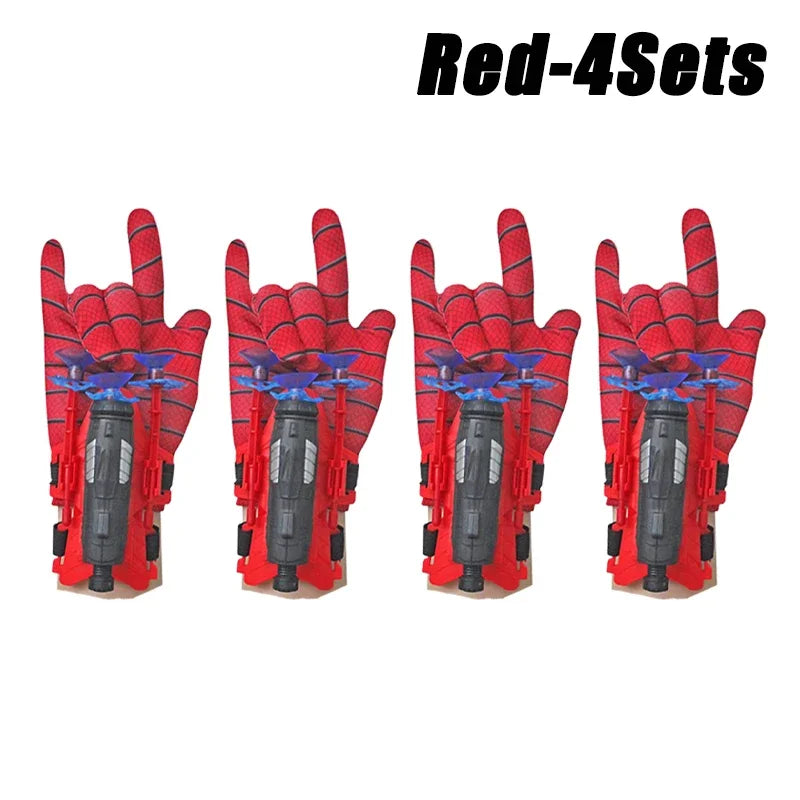 Four sets of red superhero spider launcher gloves with suction cup projectiles.