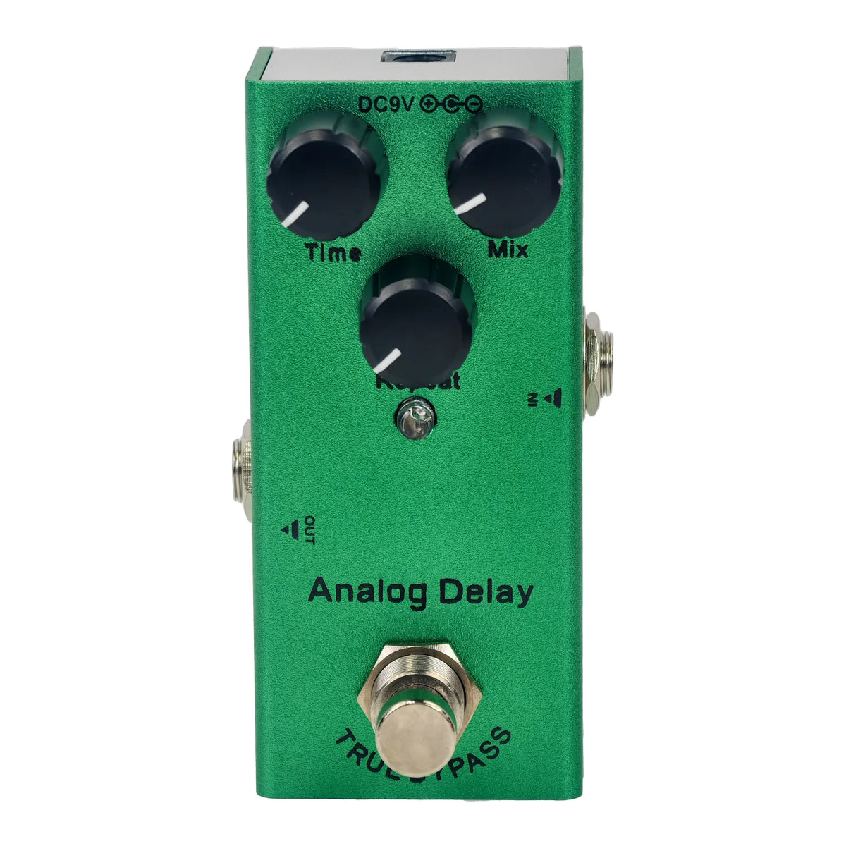 A green analog delay pedal with three knobs labeled Time, Mix, and a foot switch.