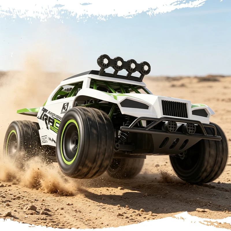 A white and green 1:18 scale high-speed off-road RC monster truck driving in sand.