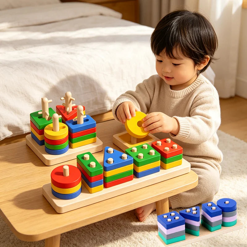 A toddler is playing with a wooden geometric shape sorter puzzle featuring colorful blocks.