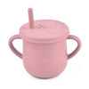A pink BPA-free silicone snack cup with a lid is shown.