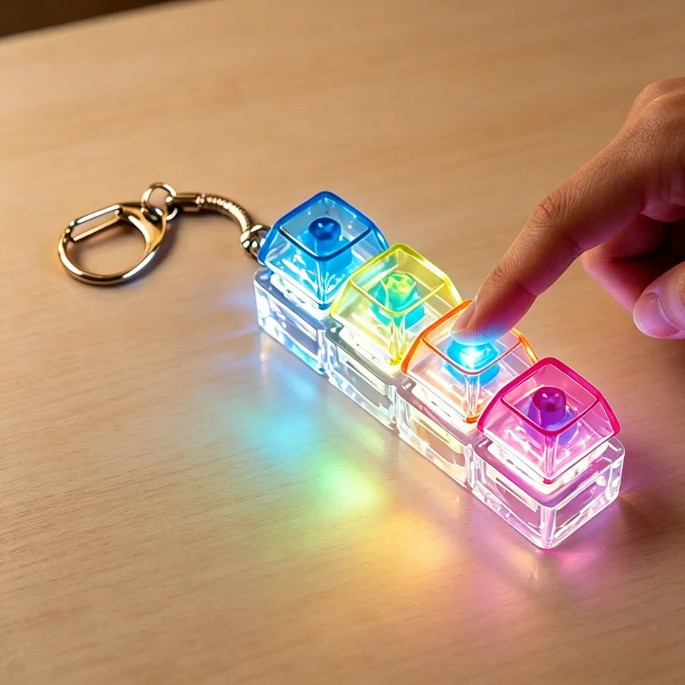 A hand holds a clear plastic keychain featuring multiple colorful LED light-up fidget cubes.
