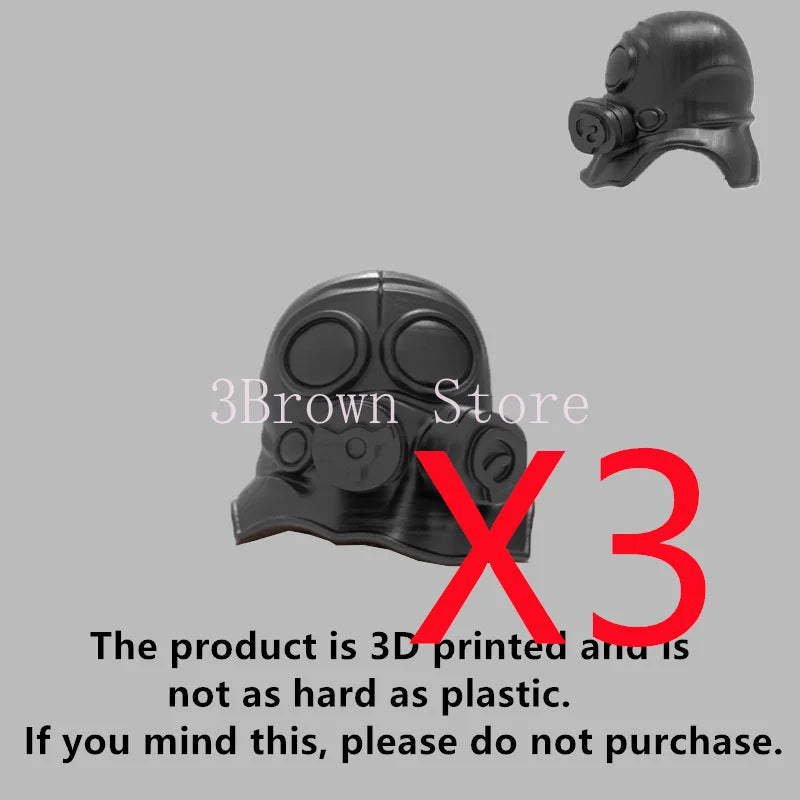 A black 3D printed military building block set featuring a gun and helmet accessories.
