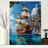 A jigsaw puzzle depicting a detailed sailing ship on the water with cliffs and clouds.