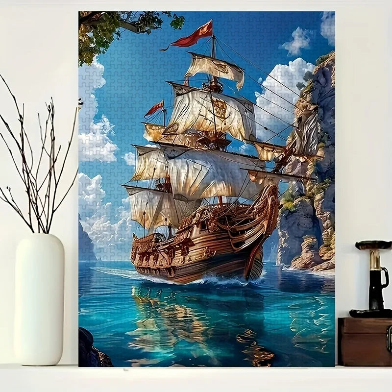 A jigsaw puzzle depicting a detailed sailing ship on the water with cliffs and clouds.
