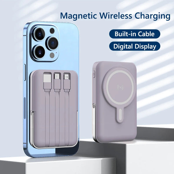 A light blue smartphone case with a magnetic wireless charging feature and a matching purple power bank.