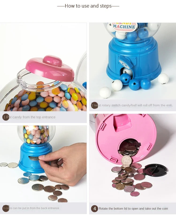 Instructions for using a kids candy dispenser piggy bank with gumball fun, showing how to open and take coins.