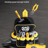 A large yellow and black schoolbag or toolbox filled with various tools and a separate gray storage box.