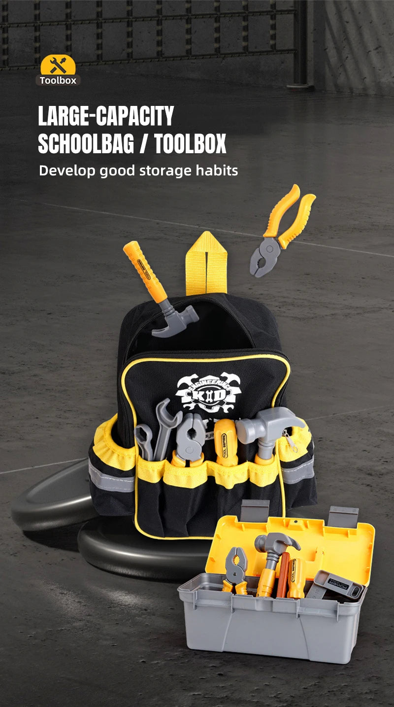 A large yellow and black schoolbag or toolbox filled with various tools and a separate gray storage box.