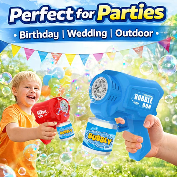 A child is using a blue bubble gun to make bubbles outdoors, with other bubble guns and bubbles visible.