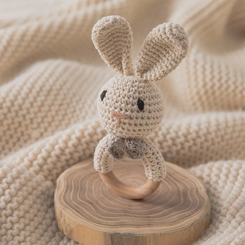 Crochet Bunny Rattle & Teether Toy with Wooden Ring
