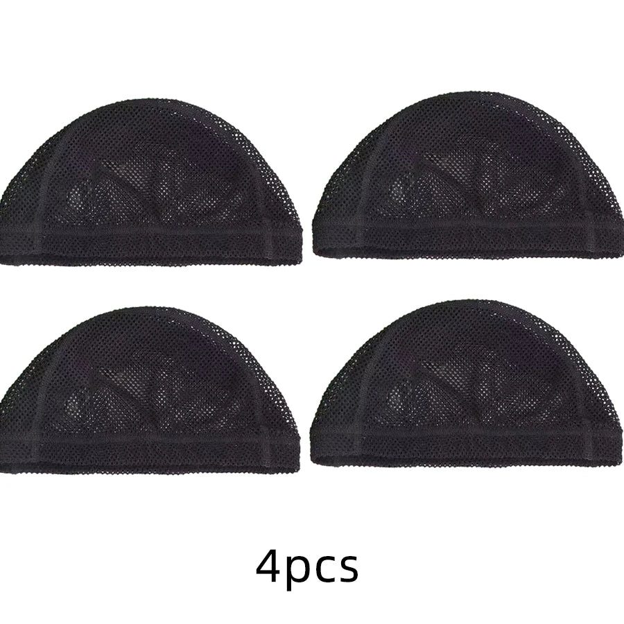 Four black stretchable mesh wig caps shown from the top view