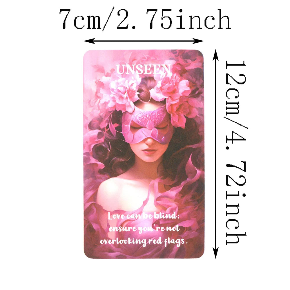 A pink oracle card featuring a woman with pink flowers and a pink blindfold, with text about love and red flags.