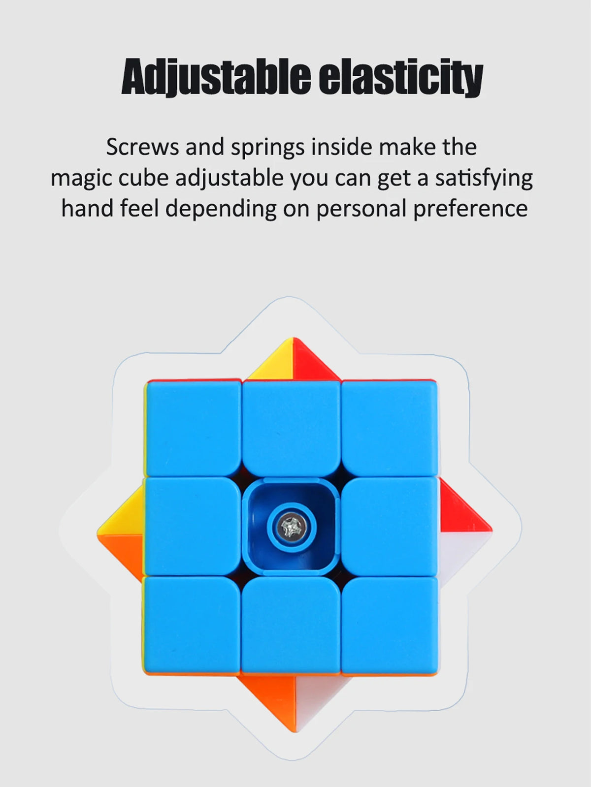 A blue multi-sided logic puzzle cube with adjustable elasticity features visible.