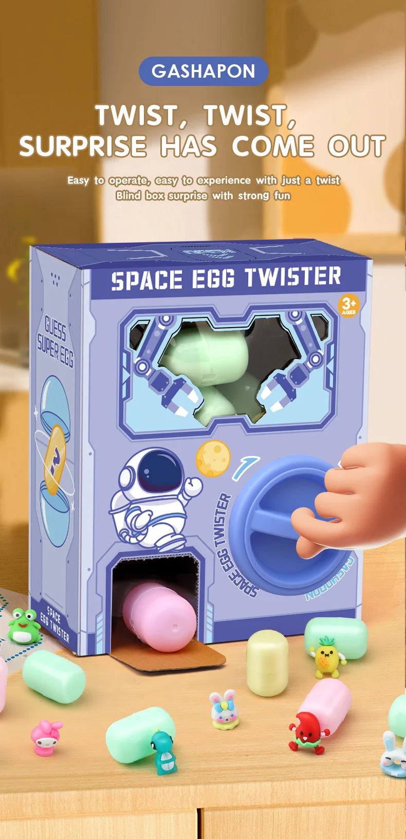 A box of Space Egg Twister toys with various colored eggs and a purple twist mechanism displayed on a wooden surface.