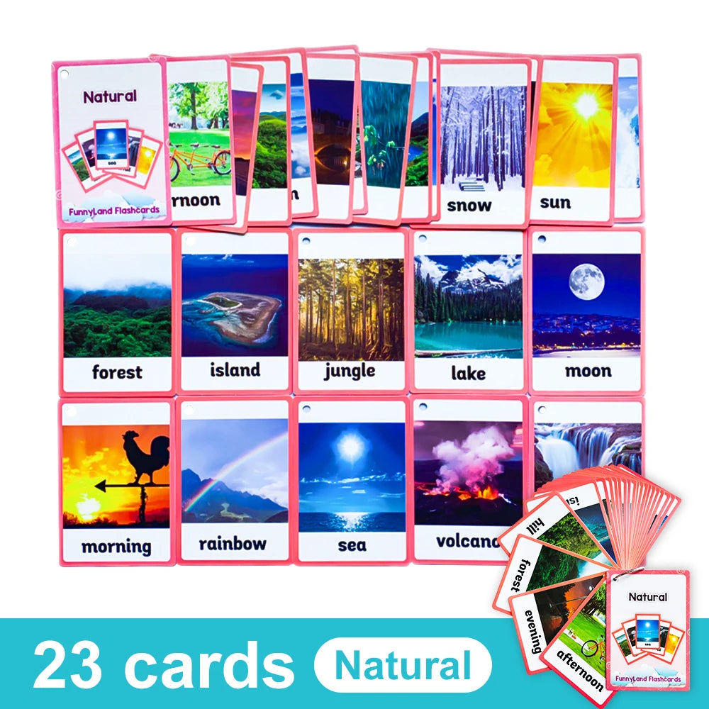 A set of 23 natural themed flashcards featuring scenes like sun moon snow forest island jungle lake and sea