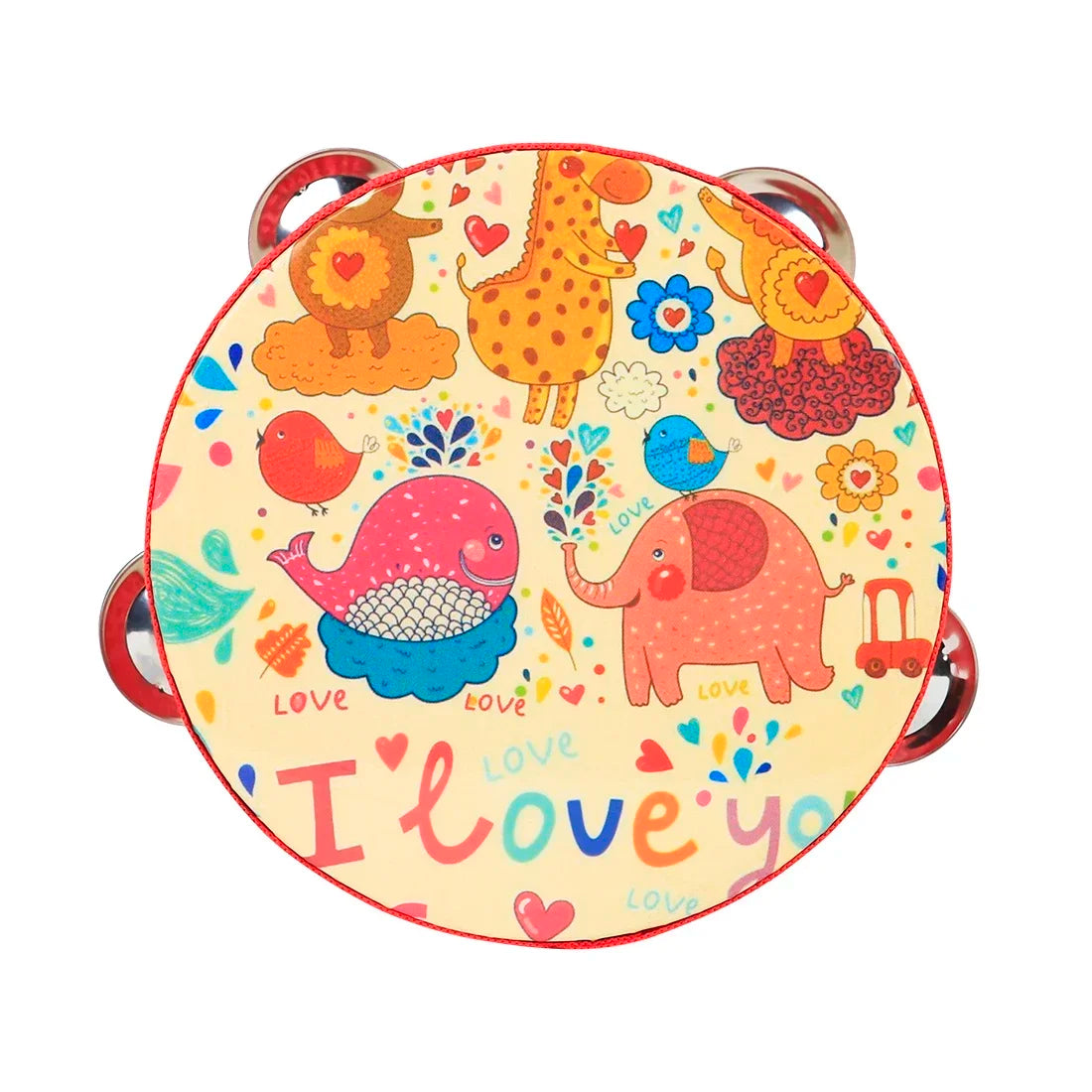 A round wooden tambourine with a yellow background featuring colorful cartoon animals and the text I love you