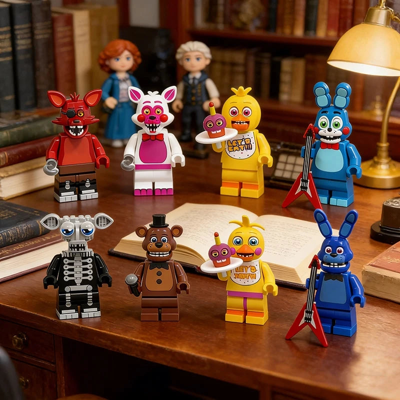 A collection of Five Nights at Freddy's mini building block figures including Freddy, Bonnie, Chica, and Foxy.