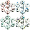 A collection of acrylic dice showing various numbers and blood effects for tabletop gaming