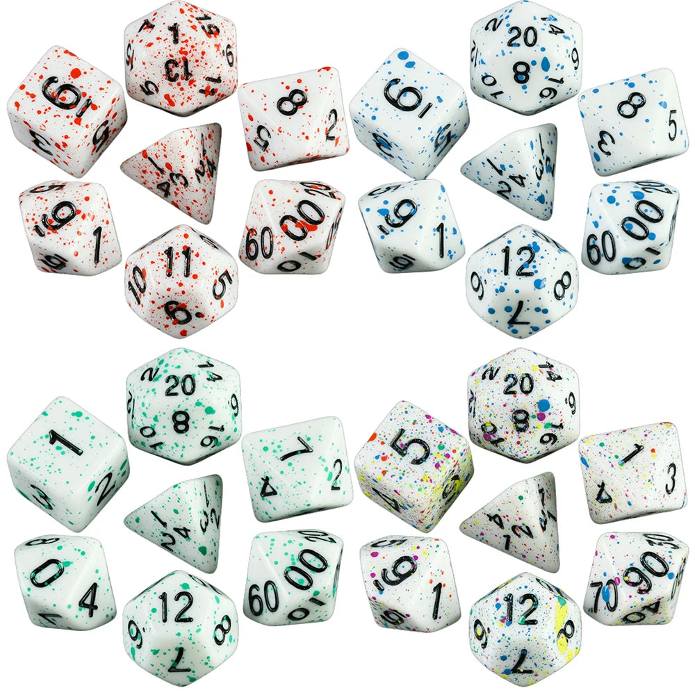 A collection of acrylic dice showing various numbers and blood effects for tabletop gaming