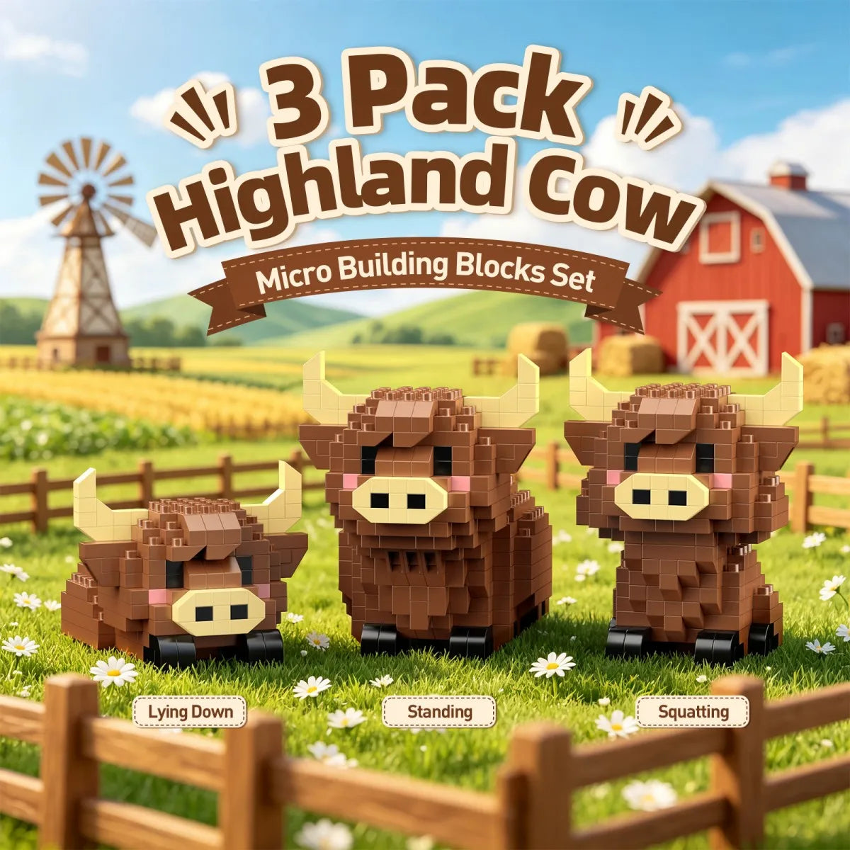 Highland Cow Mini Building Blocks Set - 3 in 1 Animal Model Kit